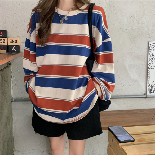 Polyester fish scale Korean style loose striped long-sleeved T-shirt for women ins internet celebrity students versatile thin tops