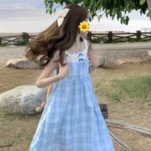 Gentle and windy fake two-piece plaid suspender dress female student college style super fairy sweet girl sweet suspender skirt