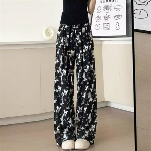 Official picture ink new Chinese style wide-leg pants for women summer thin butterfly casual tie-dye national style ice silk sunscreen pants