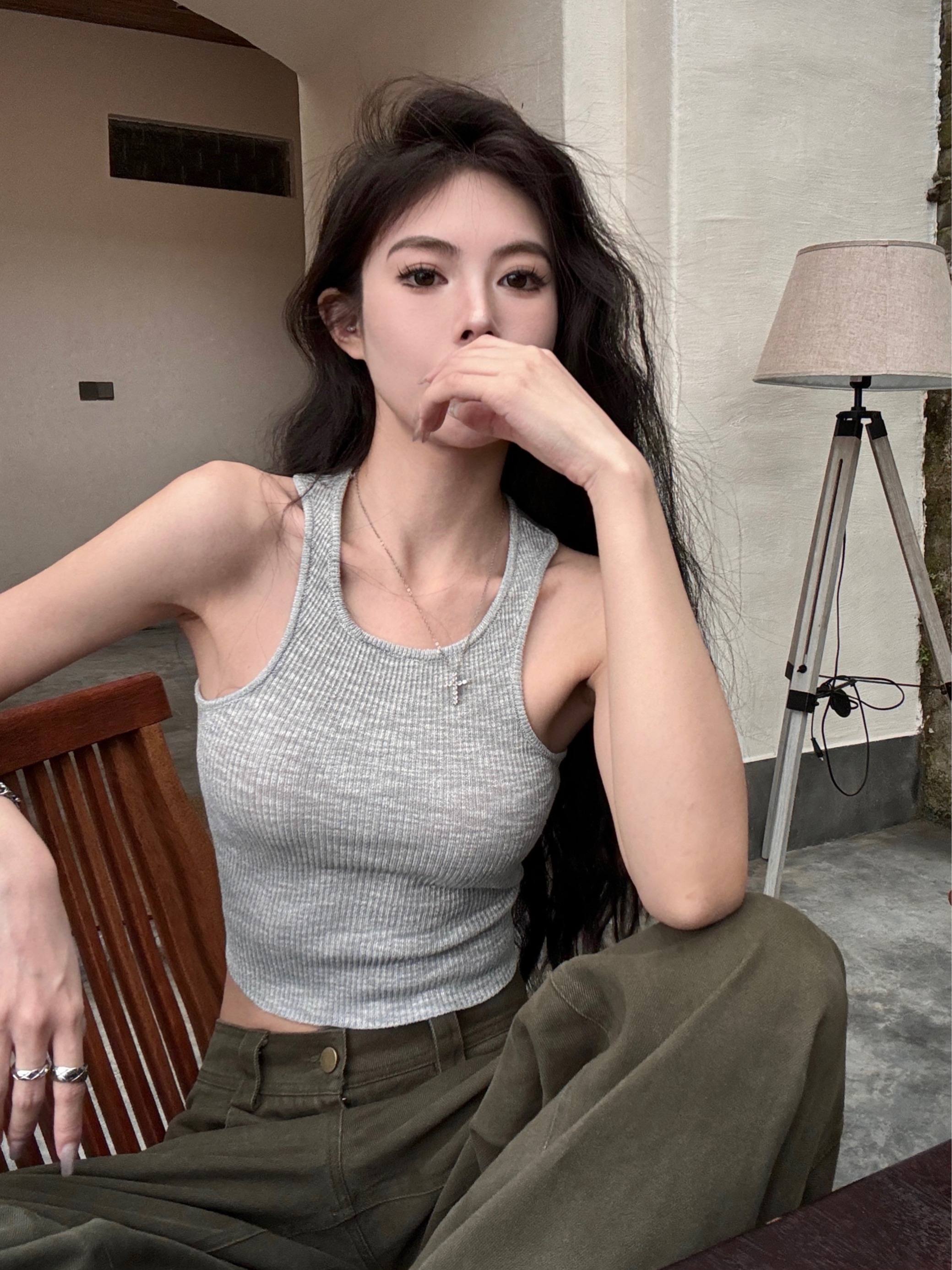 實拍 復古氣質美式簡約百搭辣妹針織純色背心