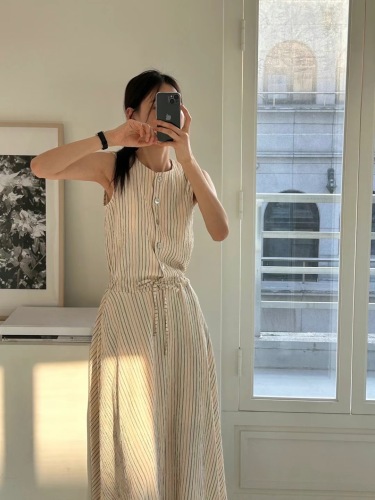 Simple striped Korean style midi skirt dress