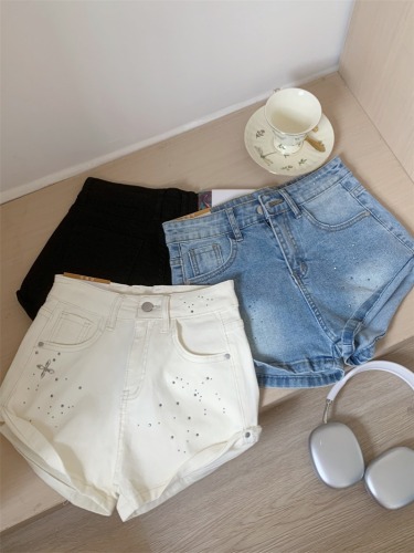 Small 145 Korean style curled denim shorts 150cm tall and slim high-waisted wide-leg hot pants a-line pants xs summer