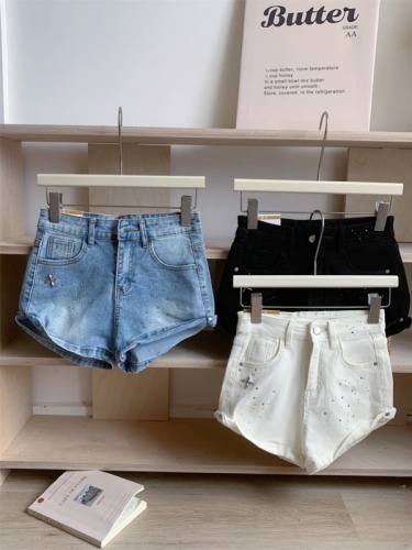 Small 145 Korean style curled denim shorts 150cm tall and slim high-waisted wide-leg hot pants a-line pants xs summer