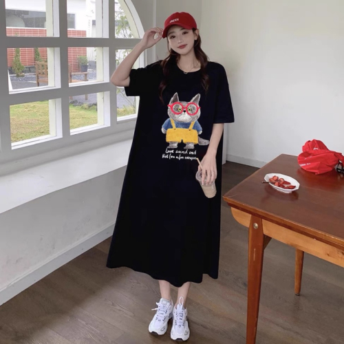 Imitation cotton milk silk# New cartoon fun T-shirt dress loose slit mid-length skirt