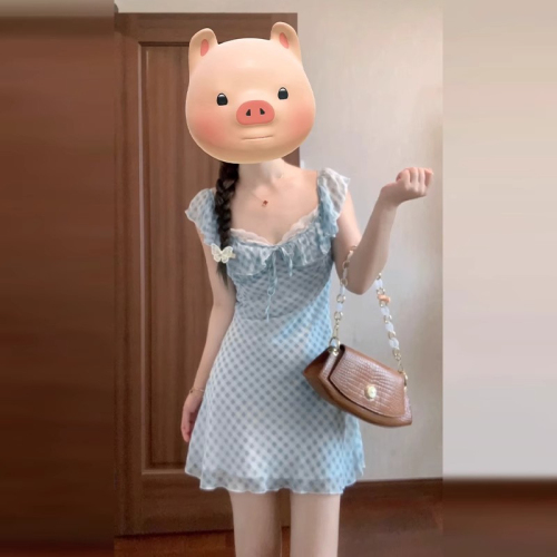 Original method + inner blue plaid suspender dress for women, summer waist-cinching, sweet and spicy A-line skirt