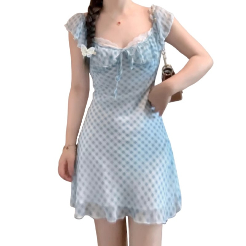 Original method + inner blue plaid suspender dress for women, summer waist-cinching, sweet and spicy A-line skirt