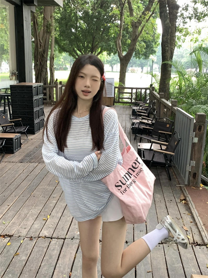 Actual shot~Korean ghost girl striped long-sleeved thin sun protection T-shirt top