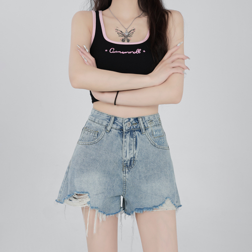 Real shot ~ ripped denim shorts for women summer 2024 new style high-waisted hot pants for small girls with contrasting colors and rough edge a-line hot pants