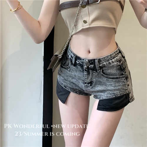 Real shot!  Hot girl sexy jeans wide leg pants high waist hip-covering shorts slimming hot pants