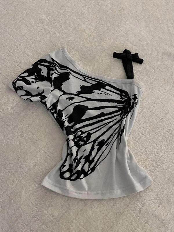Vintage off-shoulder suspender T-shirt women's short-sleeved 2024 new summer waist slimming hot girl short top