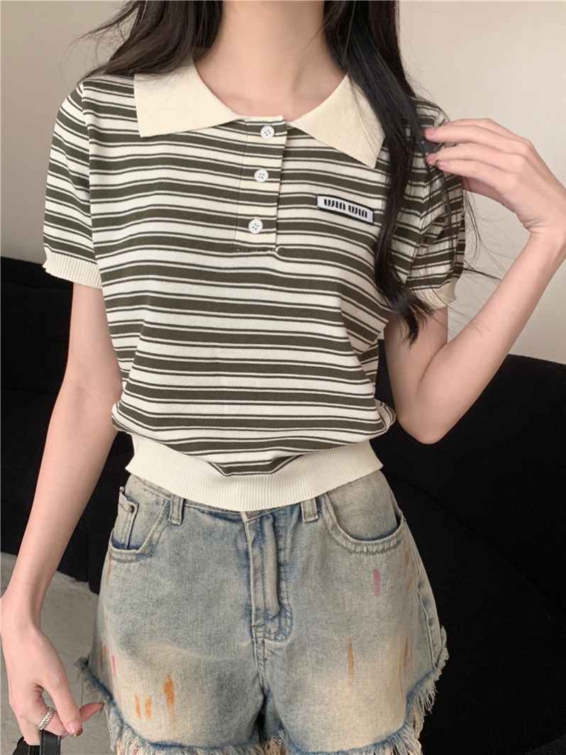 實拍 真 夏季新款復古條紋針織衫短款polo上衣女