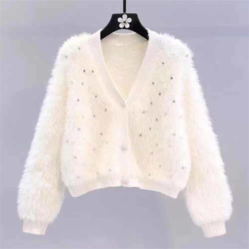 2024 autumn imitation mink velvet cardigan jacket for women in autumn and winter V-neck short style with loose beaded knitted sweater