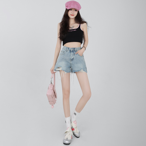 Real shot ~ ripped denim shorts for women summer 2024 new style high-waisted hot pants for small girls with contrasting colors and rough edge a-line hot pants