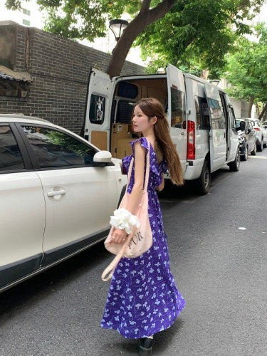 Actual shot 2024~French retro u-neck sleeveless purple floral dress with waist slimming strap long skirt