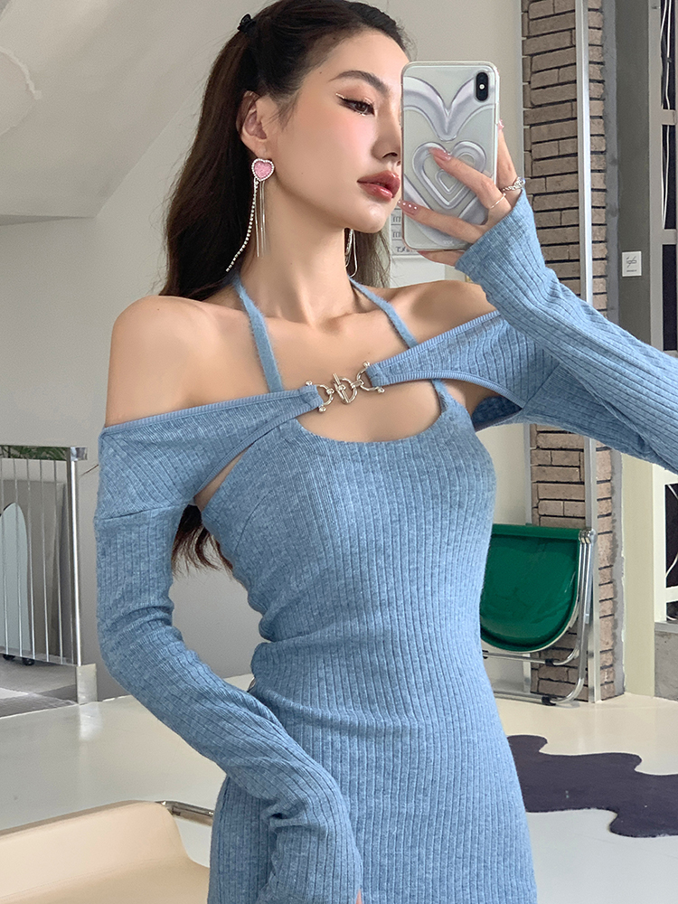 Actual shot of 2024 new autumn clothing trendy sexy hottie hip skirt knitted blouse halterneck dress two-piece set for women spring