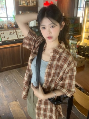 Actual shot~Korean retro orange plaid summer lapel short-sleeved single-breasted shirt~