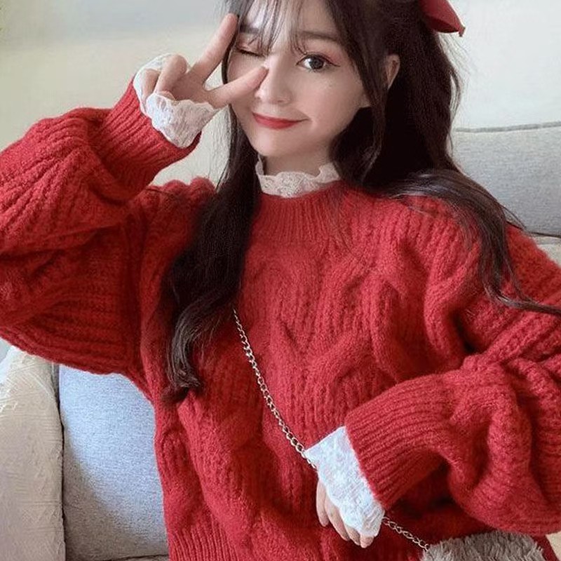 Purple Sweater Women's Autumn and Winter Loose Outwear Pullover Lazy Style Round Neck Knitted Sweater Macaw Top 2024 New Model 