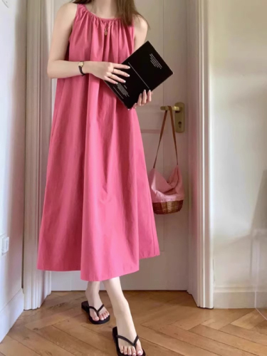 2024 new summer raspberry pink whitening age-reducing pleated shoulder-cut sleeveless dress for women