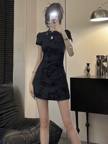 New Chinese style improved cheongsam short-sleeved dress for women summer new slimming short skirt pleated A-line skirt