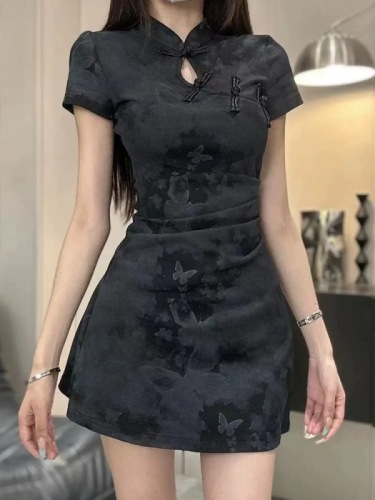 New Chinese style improved cheongsam short-sleeved dress for women summer new slimming short skirt pleated A-line skirt