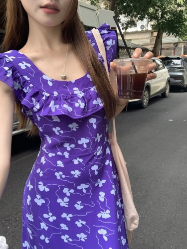 Actual shot 2024~French retro u-neck sleeveless purple floral dress with waist slimming strap long skirt