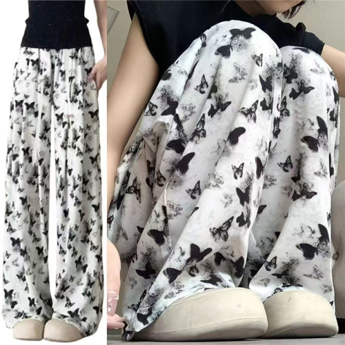 Official picture ink new Chinese style wide-leg pants for women summer thin butterfly casual tie-dye national style ice silk sunscreen pants