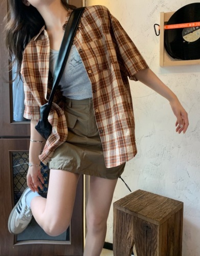 Actual shot~Korean retro orange plaid summer lapel short-sleeved single-breasted shirt~