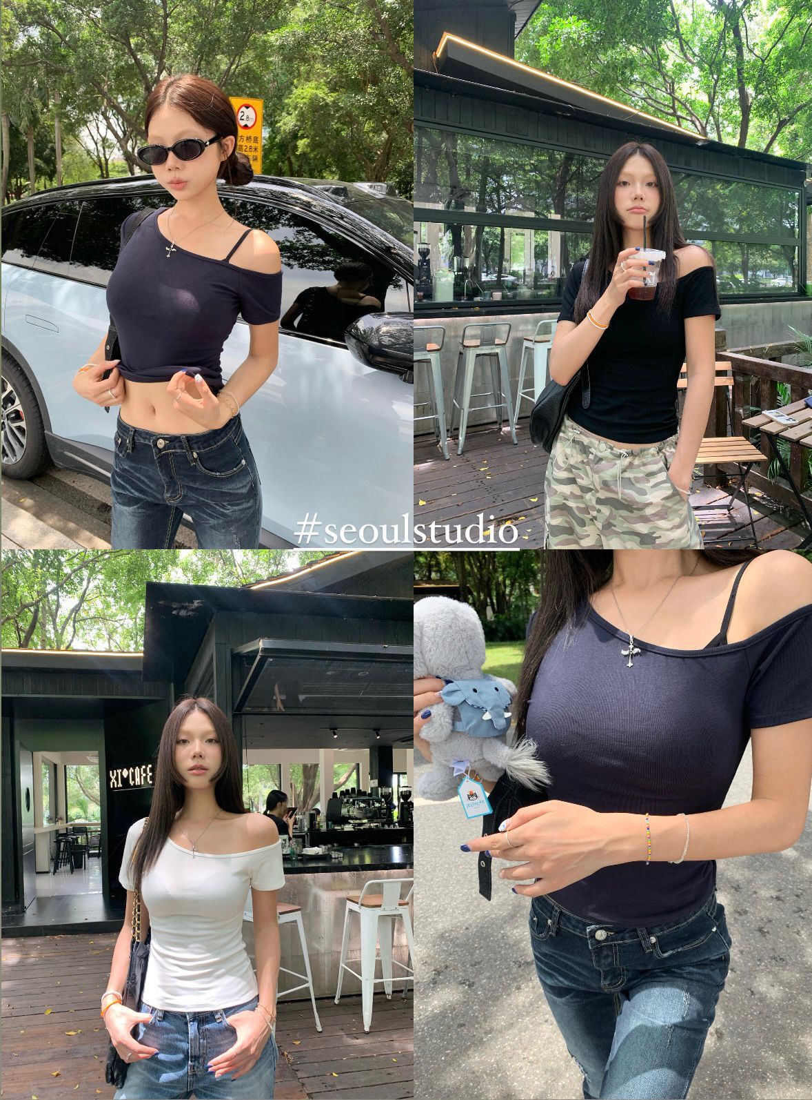 Real shot 2024~Niche design two-way shoulderless blouse skinny slimming off-shoulder T-shirt short style 