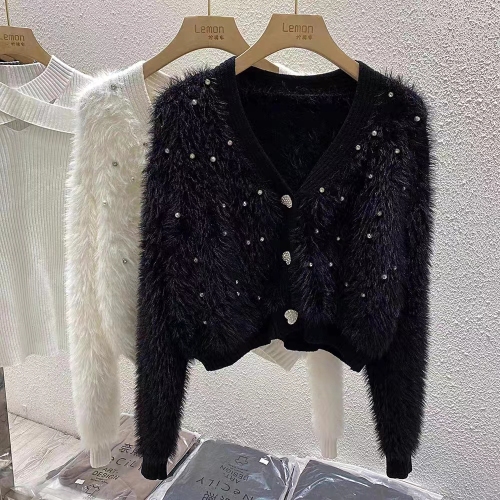 2024 autumn imitation mink velvet cardigan jacket for women in autumn and winter V-neck short style with loose beaded knitted sweater