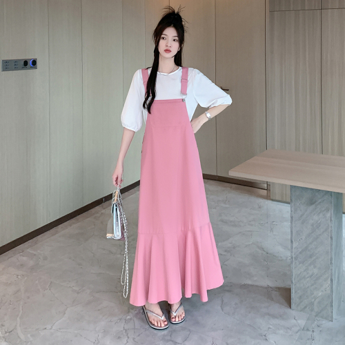 Actual shot ~ Pink sweet denim suspender skirt suit, new Korean age-reducing puff sleeve top two-piece set