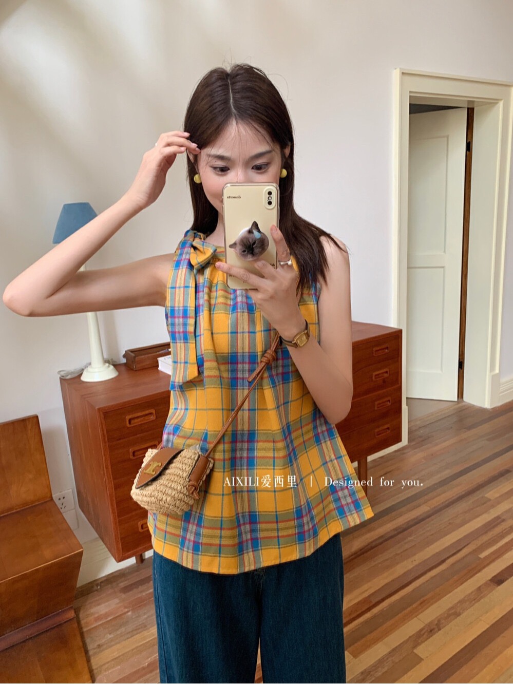 AIXILI summer Korean style sweet girly plaid contrasting bow tie top women's vest