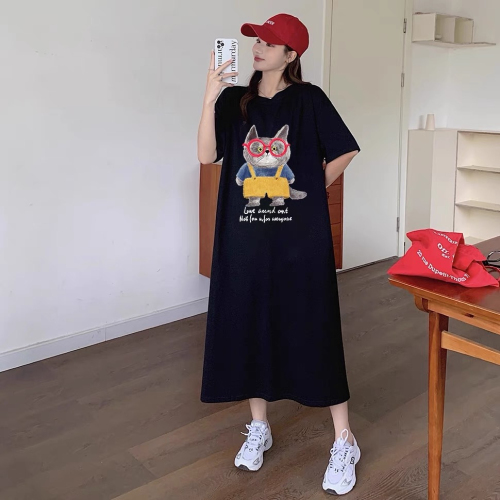 Imitation cotton milk silk# New cartoon fun T-shirt dress loose slit mid-length skirt