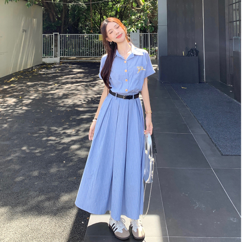 Literary temperament blue striped short-sleeved dress for women summer 2024 new style waist A-line slim fashion long skirt