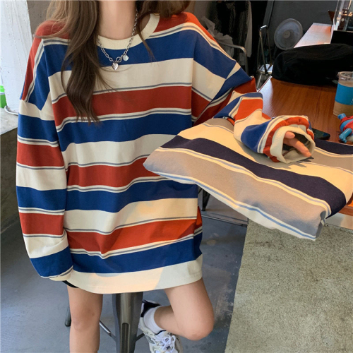 Polyester fish scale Korean style loose striped long-sleeved T-shirt for women ins internet celebrity students versatile thin tops