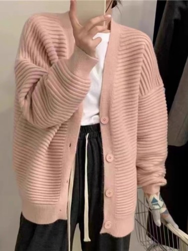 Korean style simple and high-end knitted cardigan for women in autumn new style lazy style soft and waxy sweater jacket