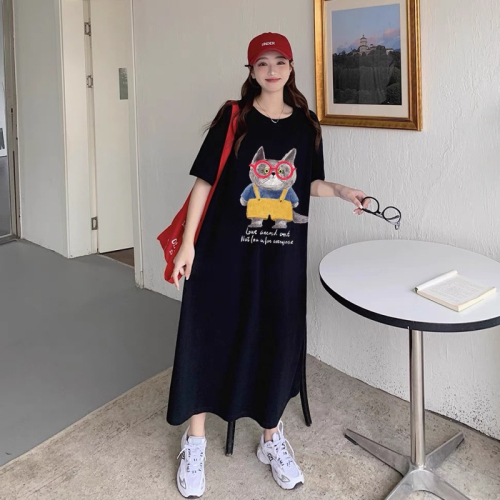 Imitation cotton milk silk# New cartoon fun T-shirt dress loose slit mid-length skirt