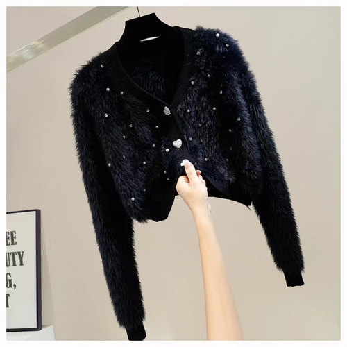 2024 autumn imitation mink velvet cardigan jacket for women in autumn and winter V-neck short style with loose beaded knitted sweater