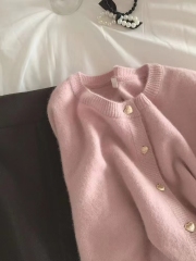 Pink Knit Cardigan for Women - Autumn/Winter Gentle Style Fox Fleece Inspired High-End Short-Sleeve Sweatshirt Jacket for Petite Women