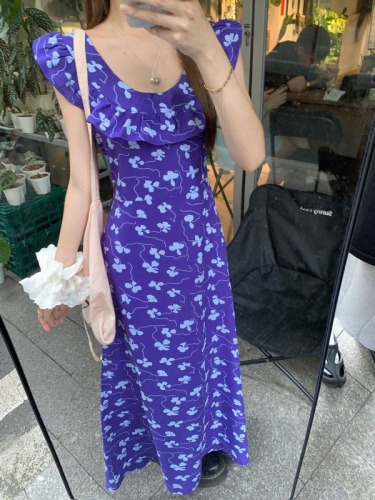 Actual shot 2024~French retro u-neck sleeveless purple floral dress with waist slimming strap long skirt