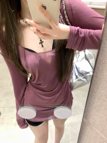 Actual shot of pure desire off-shoulder slim slim strap T-shirt for women purple sexy pullover comfortable long-sleeved thin top