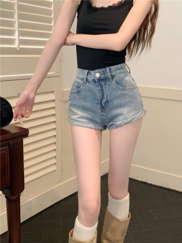 Small 145 Korean style curled denim shorts 150cm tall and slim high-waisted wide-leg hot pants a-line pants xs summer