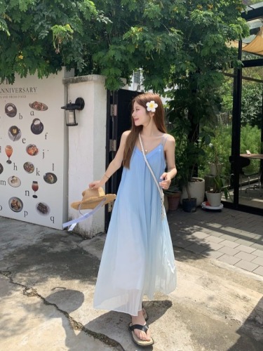 Real shot French fairy holiday style suspender dress summer loose slimming sleeveless long skirt