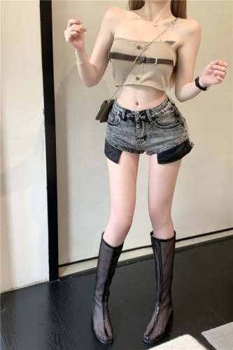 Real shot!  Hot girl sexy jeans wide leg pants high waist hip-covering shorts slimming hot pants