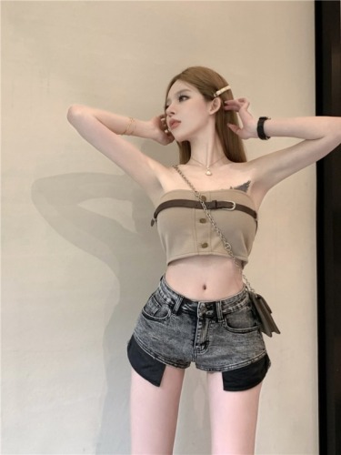 Real shot!  Hot girl sexy jeans wide leg pants high waist hip-covering shorts slimming hot pants