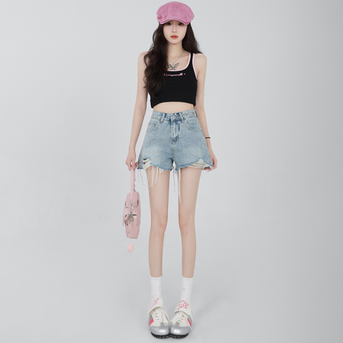 Real shot ~ ripped denim shorts for women summer 2024 new style high-waisted hot pants for small girls with contrasting colors and rough edge a-line hot pants