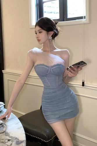 Real shot of hot girl lace mesh splicing slimming dress short style