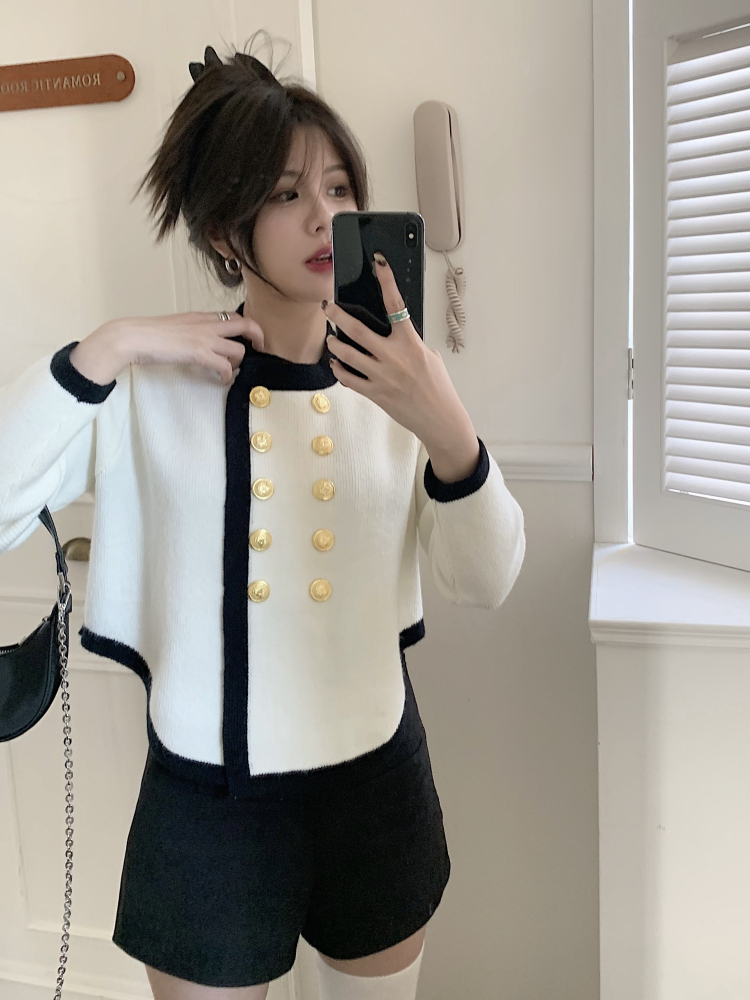 Women's Autumn/Winter French Design Sensibility Short-Sleeve Long-Sleeve Knit Cardigan Outerwear with Irregular Patterns