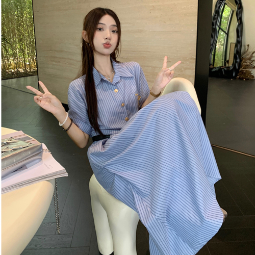 Literary temperament blue striped short-sleeved dress for women summer 2024 new style waist A-line slim fashion long skirt