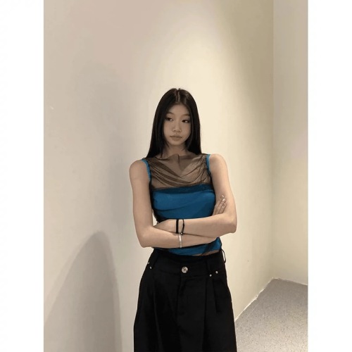 SylCue Hong Kong style retro mesh splicing sleeveless vest for women, slim and versatile, inner and outer tops for summer