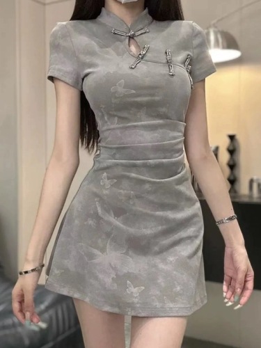 New Chinese style improved cheongsam short-sleeved dress for women summer new slimming short skirt pleated A-line skirt